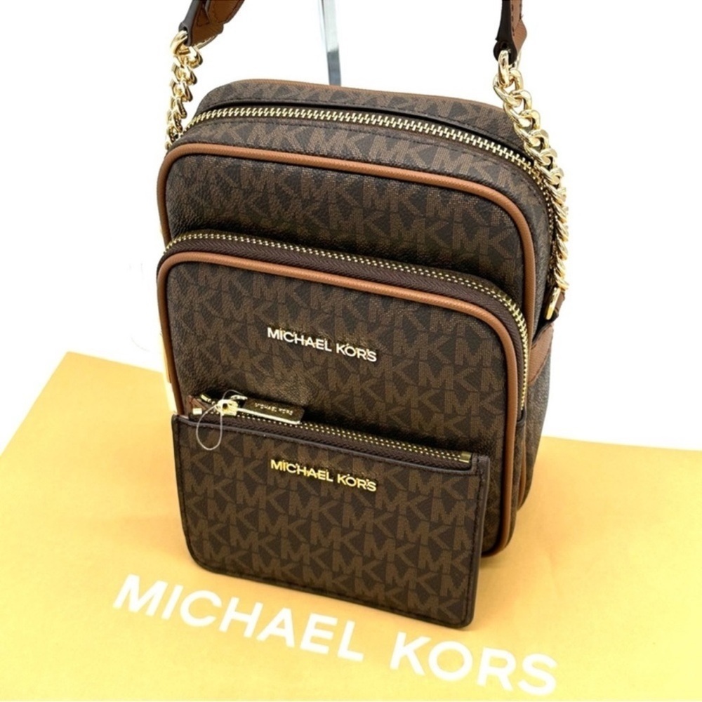 Michael Kors Medium NS Chain Xbody Bag & Small TZ Coinpouch w/D Brown/Gold - Picture 9 of 12